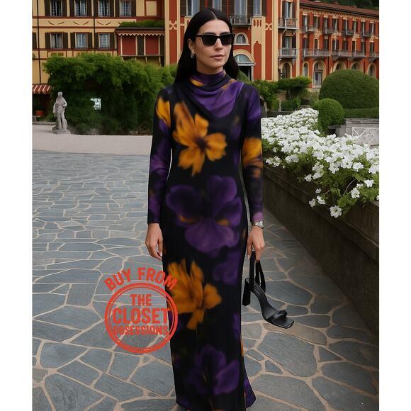 MANGO Fitted Floral Maxi Dress NWT | Multicolor High Neck Long Sleeve - Picture 5 of 16